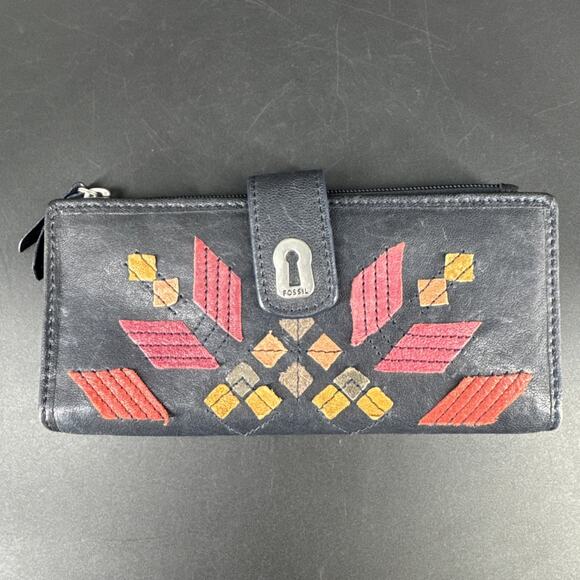 Fossil Navy Blue Leather Bi-Fold Wallet Coin Purse Geometric Abstract Design - Picture 1 of 15